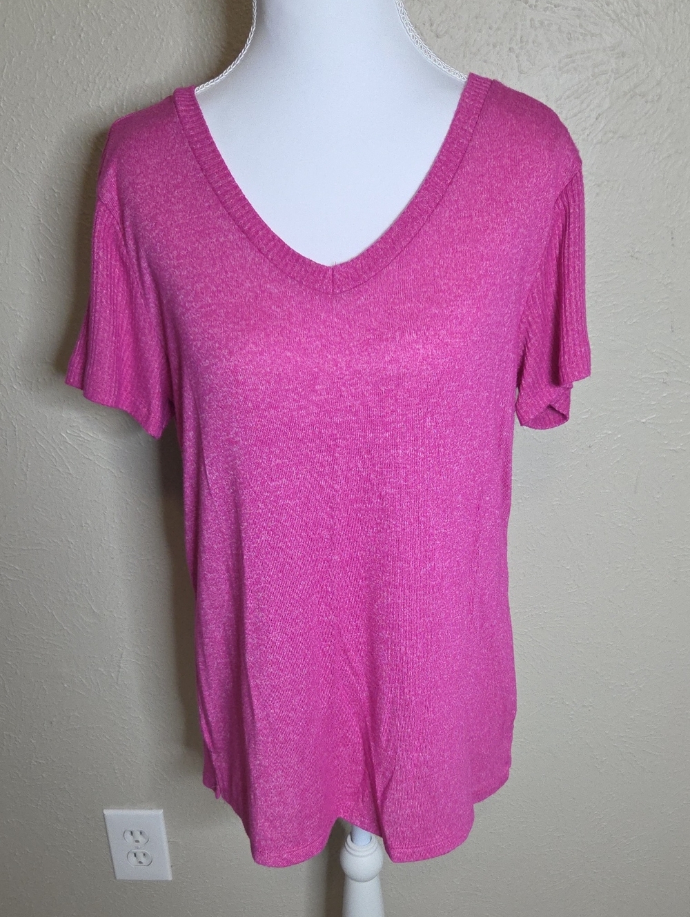 Natori V-Neck Short Sleeve Sweater Tee in Hot Pink, Small, $78.95